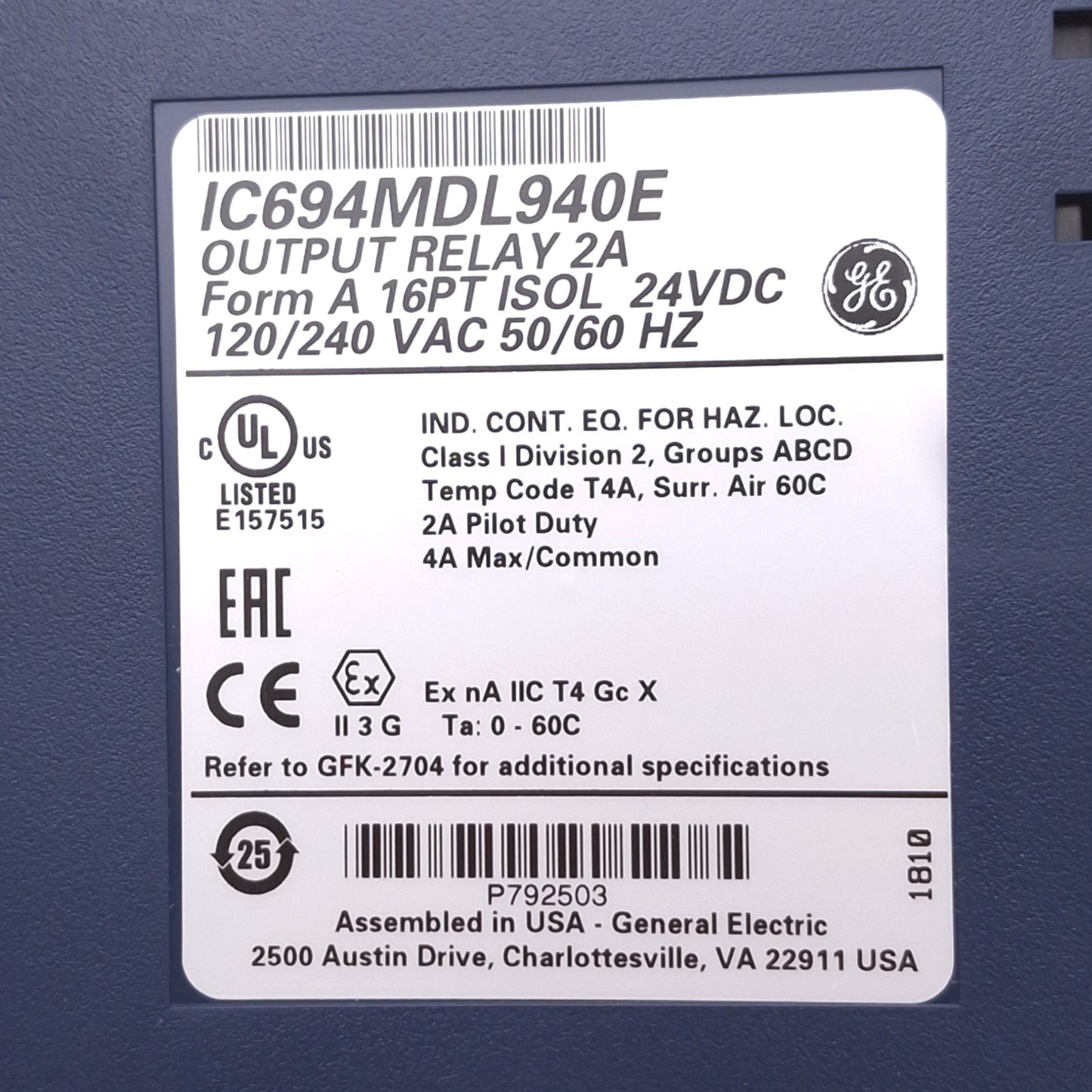 New – Open box GE Fanuc IC694MDL940E Relay Output Module for RX3i PLC, 16-Point 2A, 24VDC