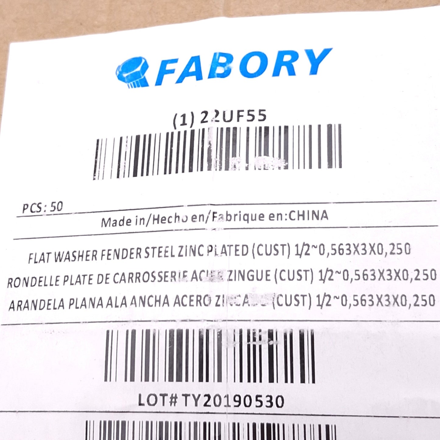 New Lot of 50 Fabory 22UF55 Flat Washers, 3in OD, 0.563in ID, for 1/2in Screw Size