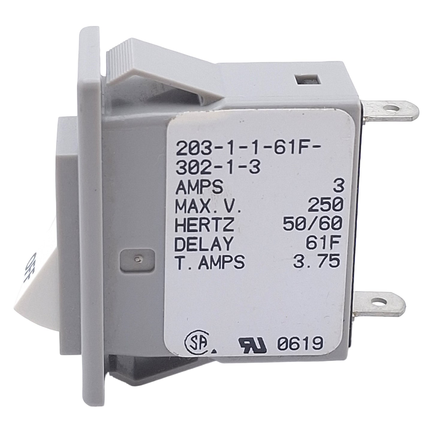 Used Airpax 203-1-1-61F-302-1-3 Circuit Breaker, 1-Pole, 3A 250VAC Max, Snap-In Mount