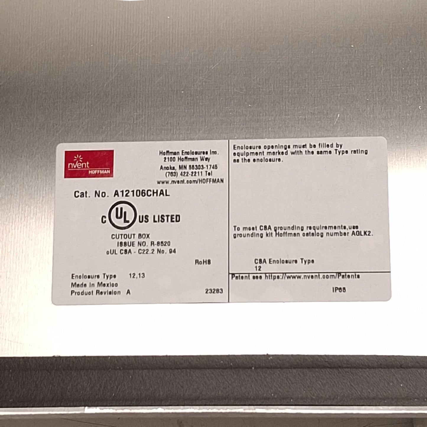 New – Open box Nvent Hoffman A12106CHAL Continuous Hinge Enclosure, Aluminum, 12 x 10 x 6in