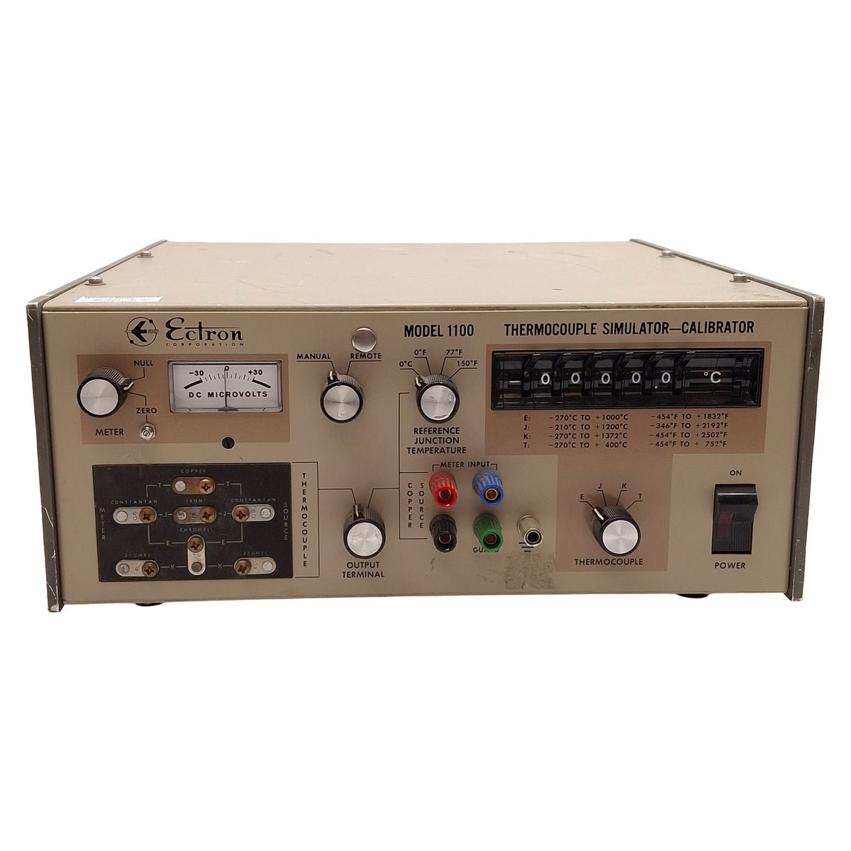 Used Ectron 1100CF Thermocouple Simulator Calibrator, Type E J K T (°F/°C) 115/230VAC