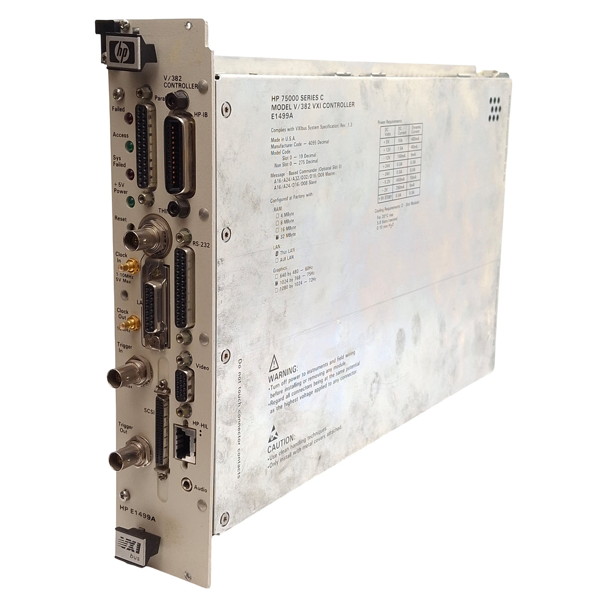 Used HP E1499A 75000 V/382 VXI Controller, 2-Slot C-Size, 32MB RAM, 1024x768 @ 75Hz