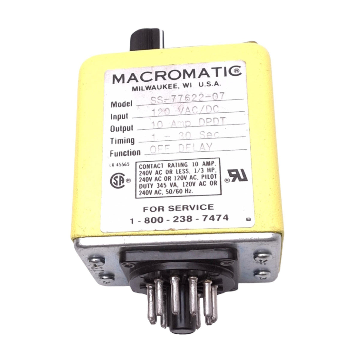 Used Macromatic SS-77622-07 Time Delay Relay, DPDT 10A Max, 1-30s, 120VAC/DC Coil