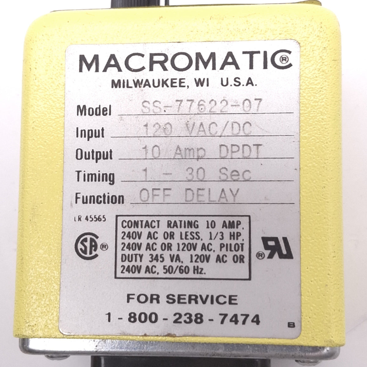 Used Macromatic SS-77622-07 Time Delay Relay, DPDT 10A Max, 1-30s, 120VAC/DC Coil