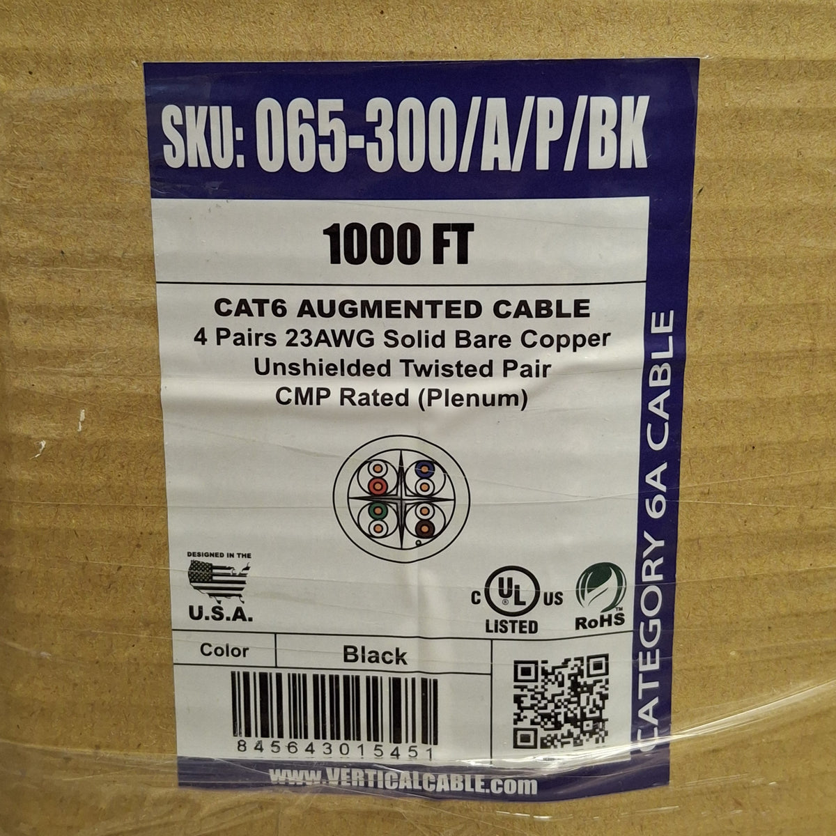 New Vertical Cable 065-300/A/P/BK Augmented Cable, CAT6A 10Gb, 4-Pair, Black, 1000ft