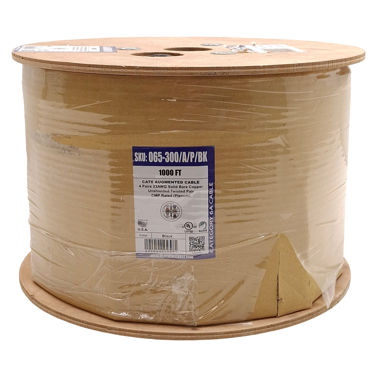 New Vertical Cable 065-300/A/P/BK Augmented Cable, CAT6A 10Gb, 4-Pair, Black, 1000ft