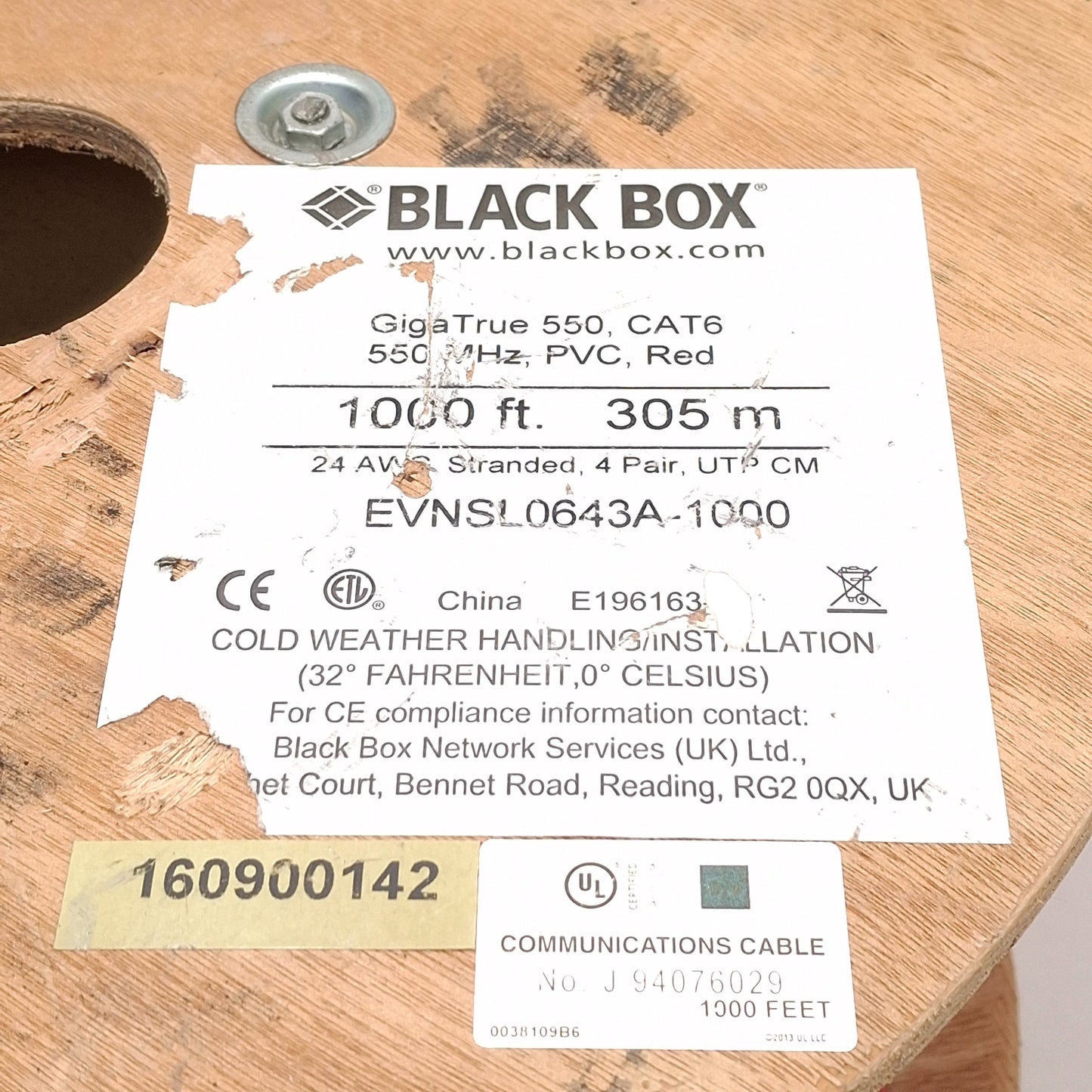 New – Open box Black Box EVNSL0643A-1000 Unshielded Cat6 550MHz Stranded Ethernet Cable, 1000ft