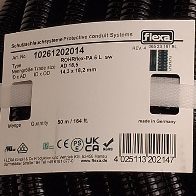 New Flexa ROHSflex PA6LNMPT-C AD18.5 Corrugated Tubing, 14.3mm ID x 18.5mm OD, 50m L