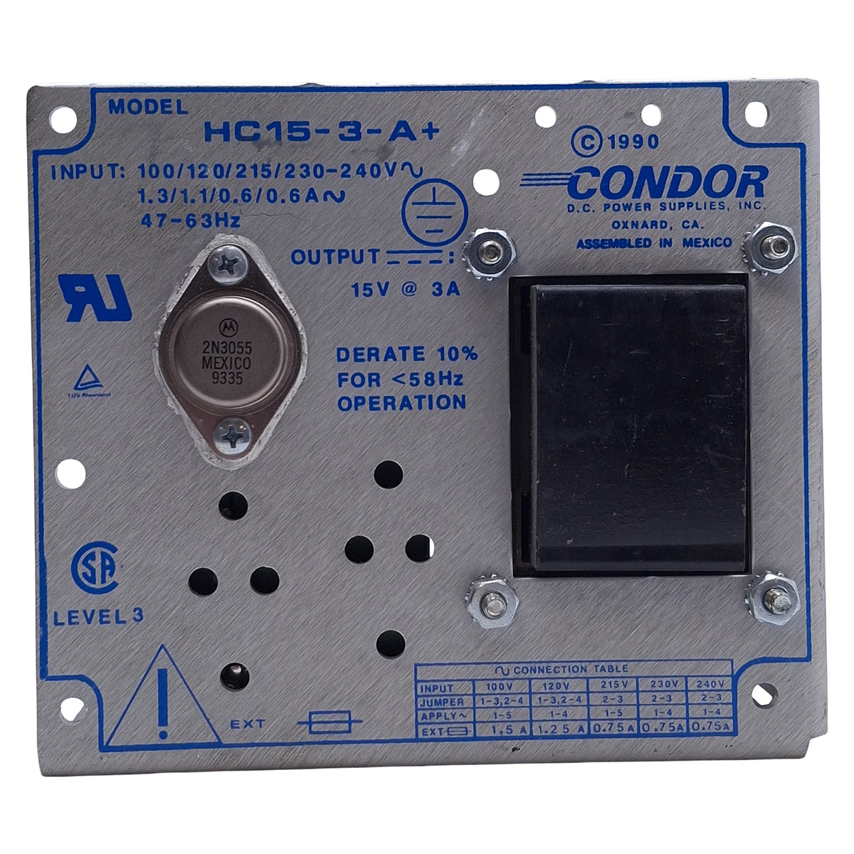 Used Condor HC15-3-A+ Linear DC Power Supply 100-240VAC In, 15VDC 3A Out, 45W