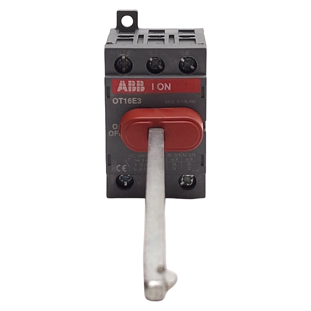 Used ABB OT16E3 Rotary Disconnect Switch, 3-Pole, 10HP, 3Ø 600VAC 16A, DIN Rail