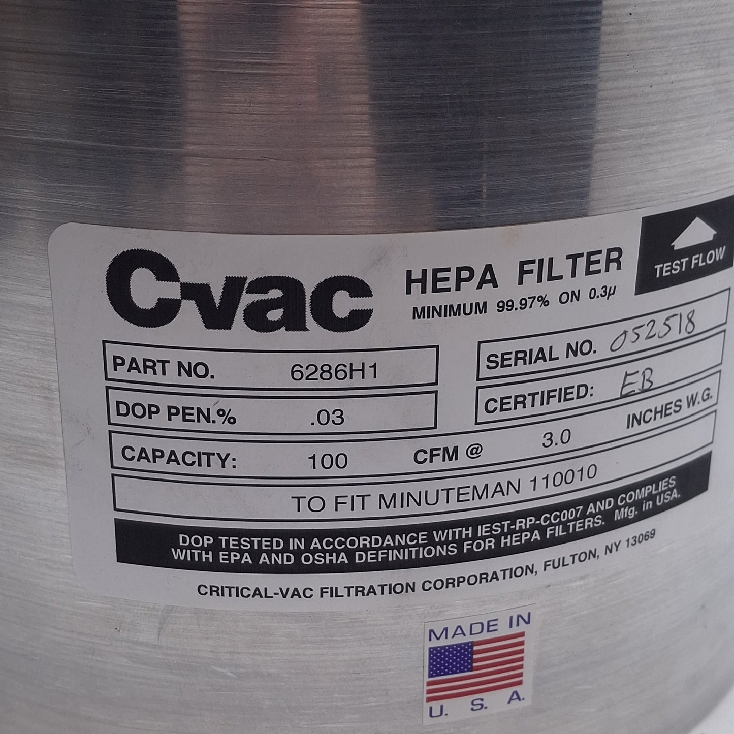 Used C-VAC 6286H1 Aluminum Frame HEPA Filter For Minuteman Vacuums, 100CFM, ø8in
