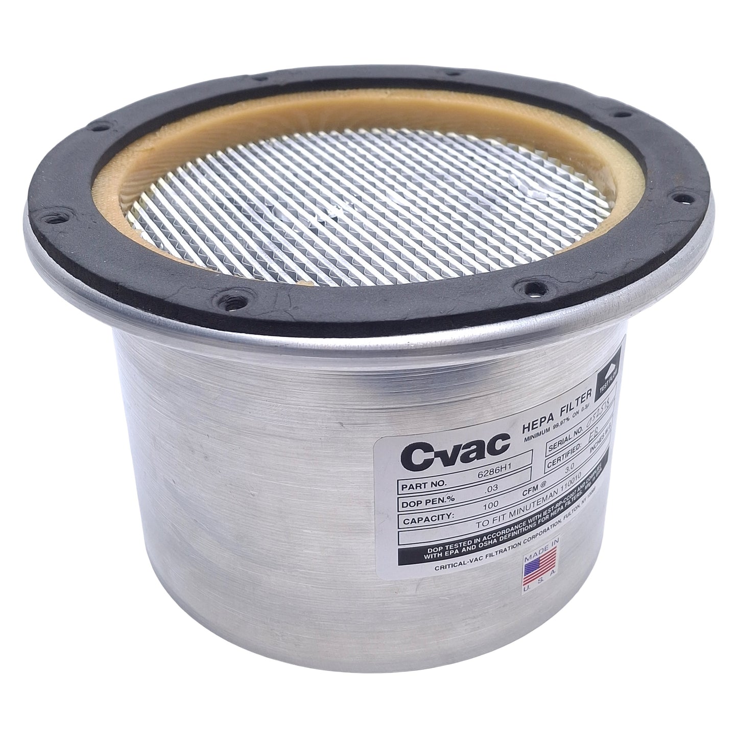 Used C-VAC 6286H1 Aluminum Frame HEPA Filter For Minuteman Vacuums, 100CFM, ø8in