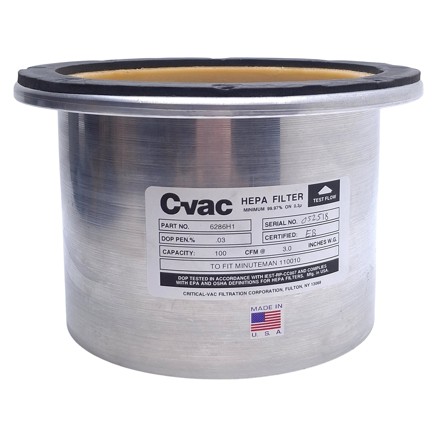Used C-VAC 6286H1 Aluminum Frame HEPA Filter For Minuteman Vacuums, 100CFM, ø8in