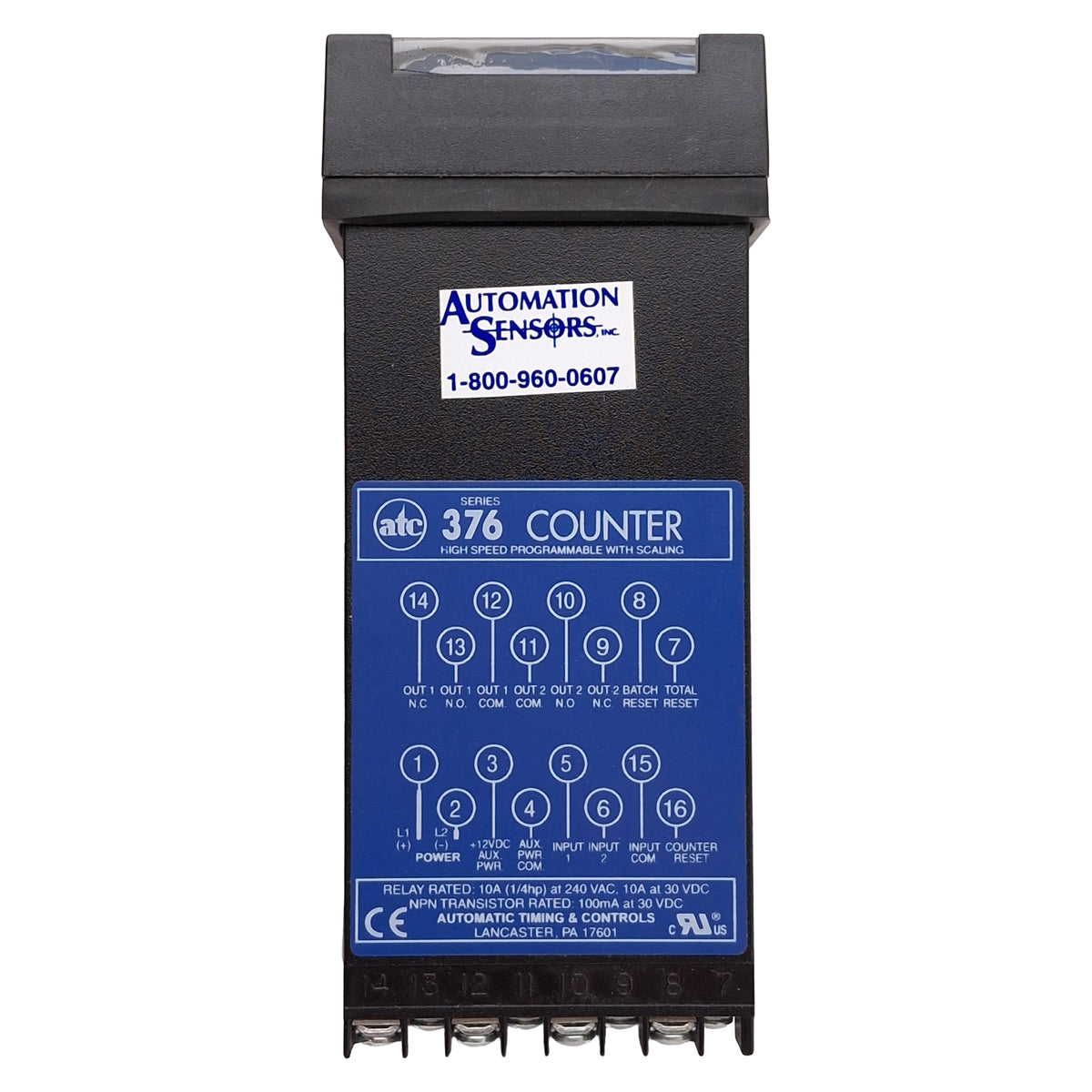 New – Open box ATC 376A-100-Q-50-LX Single Preset Counter w/ Scaling, 8-Digit, 120VAC, 9/64 DIN