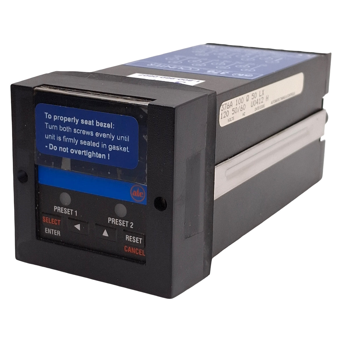 New – Open box ATC 376A-100-Q-50-LX Single Preset Counter w/ Scaling, 8-Digit, 120VAC, 9/64 DIN