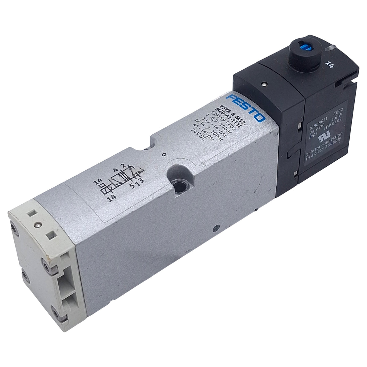 Used Festo VSVA-B-M52-MZD-A1-1T1L Solenoid Valve 5/2-Way, 10bar, 3-Pin M8, 24VDC Coil