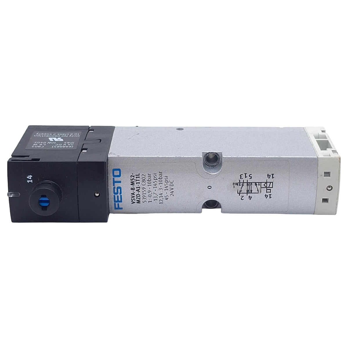 Used Festo VSVA-B-M52-MZD-A1-1T1L Solenoid Valve 5/2-Way, 10bar, 3-Pin M8, 24VDC Coil