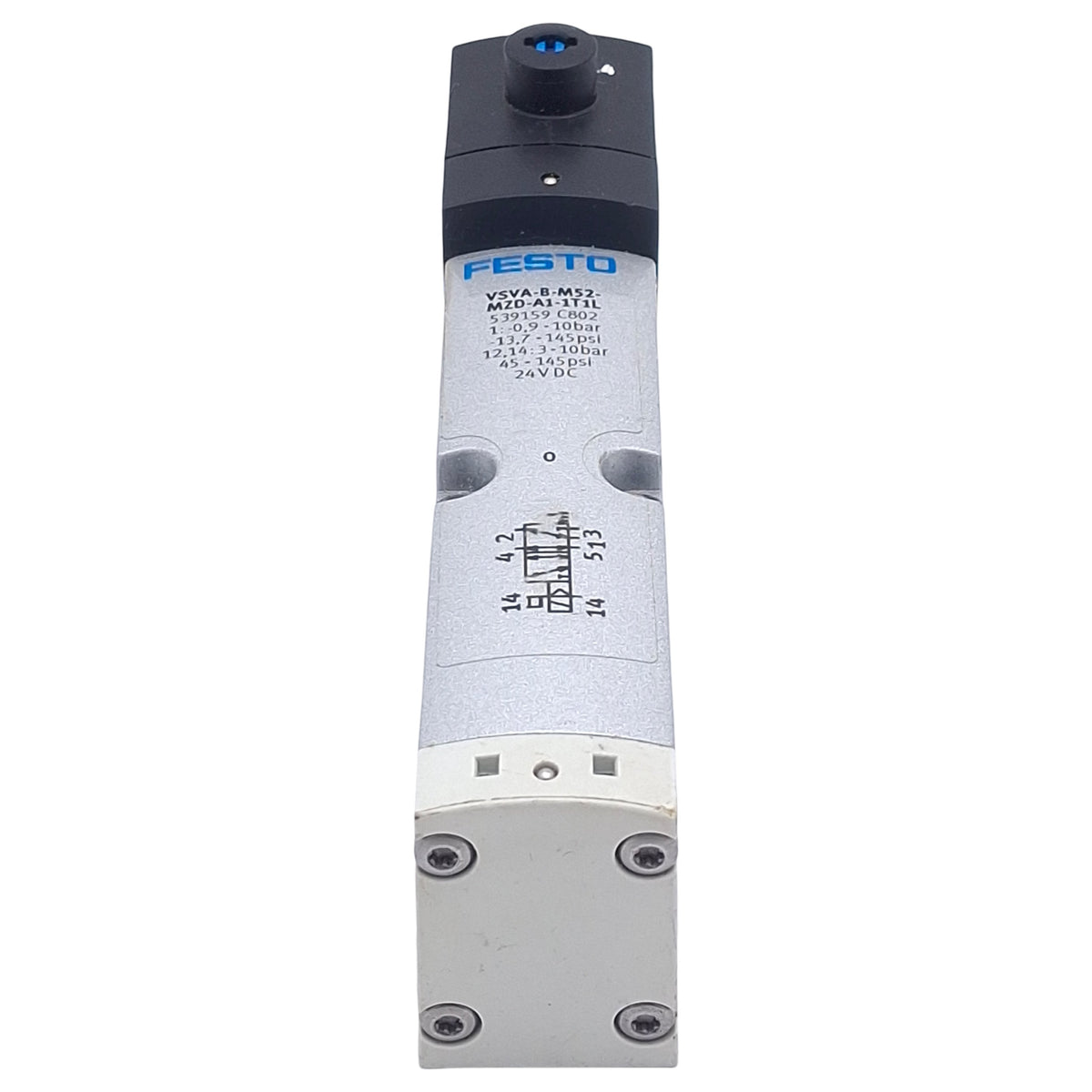 Used Festo VSVA-B-M52-MZD-A1-1T1L Solenoid Valve 5/2-Way, 10bar, 3-Pin M8, 24VDC Coil