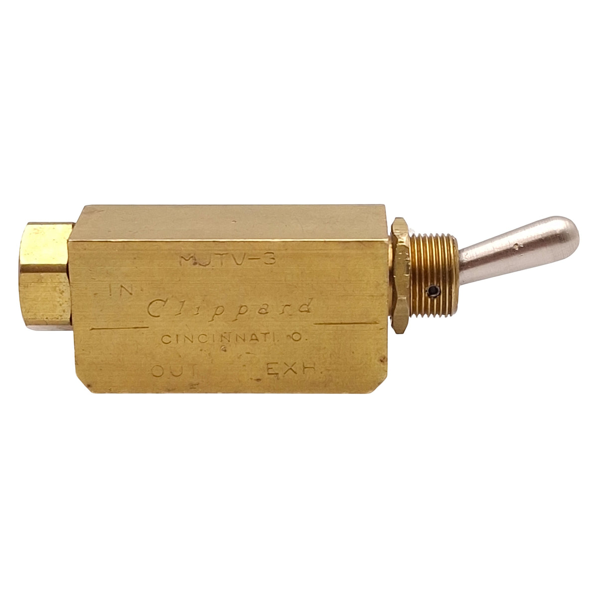 Used Clippard MJTV-3 Brass Toggle Valve, 3-Way Normally Closed, 300psig, 1/8in NPT
