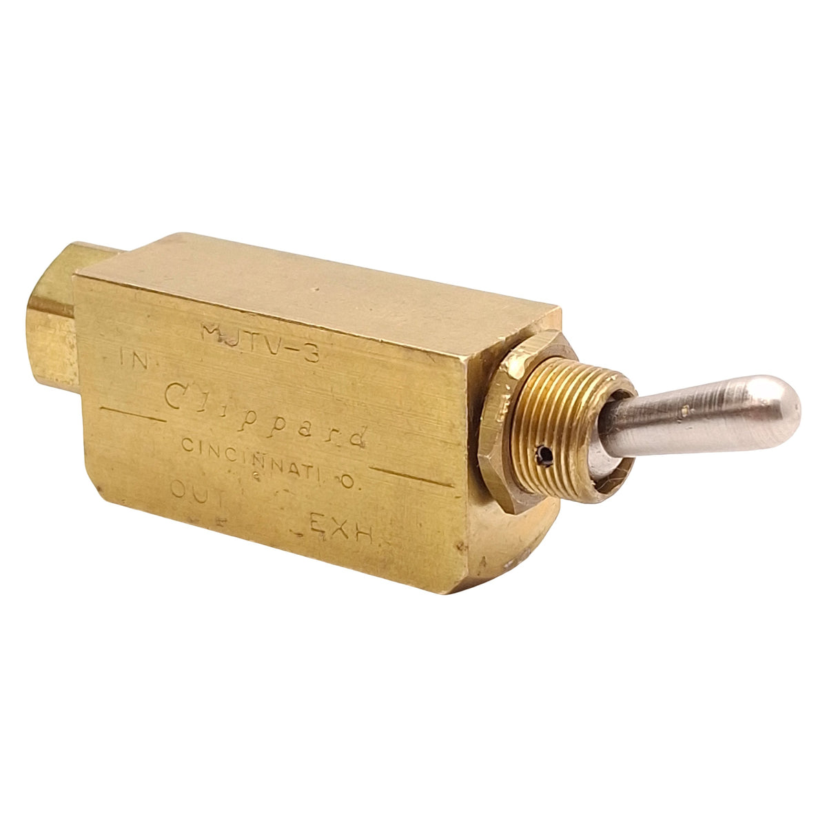 Used Clippard MJTV-3 Brass Toggle Valve, 3-Way Normally Closed, 300psig, 1/8in NPT