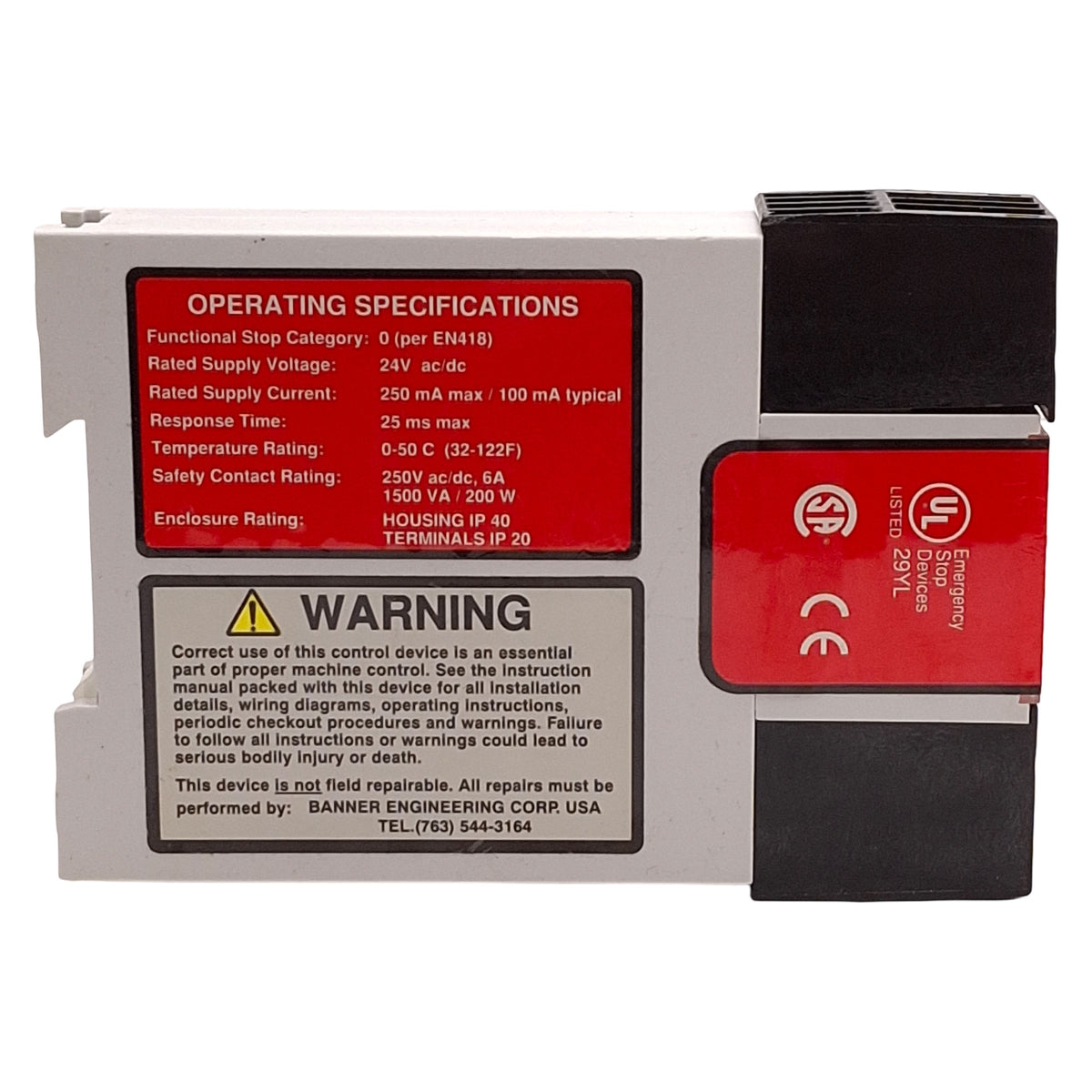 Used Banner ES-FA-9AA E-Stop Machine Safety Relay Module, 3NO, 24VAC/DC Supply