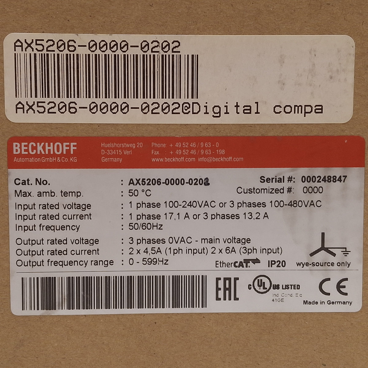 New – Open box Beckhoff AX5206-0000-0200 FW 2.10+ Digital Compact Servo Drive, 2-Ch, 3Ø 480VAC
