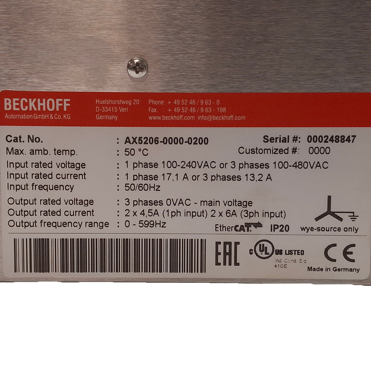 New – Open box Beckhoff AX5206-0000-0200 FW 2.10+ Digital Compact Servo Drive, 2-Ch, 3Ø 480VAC