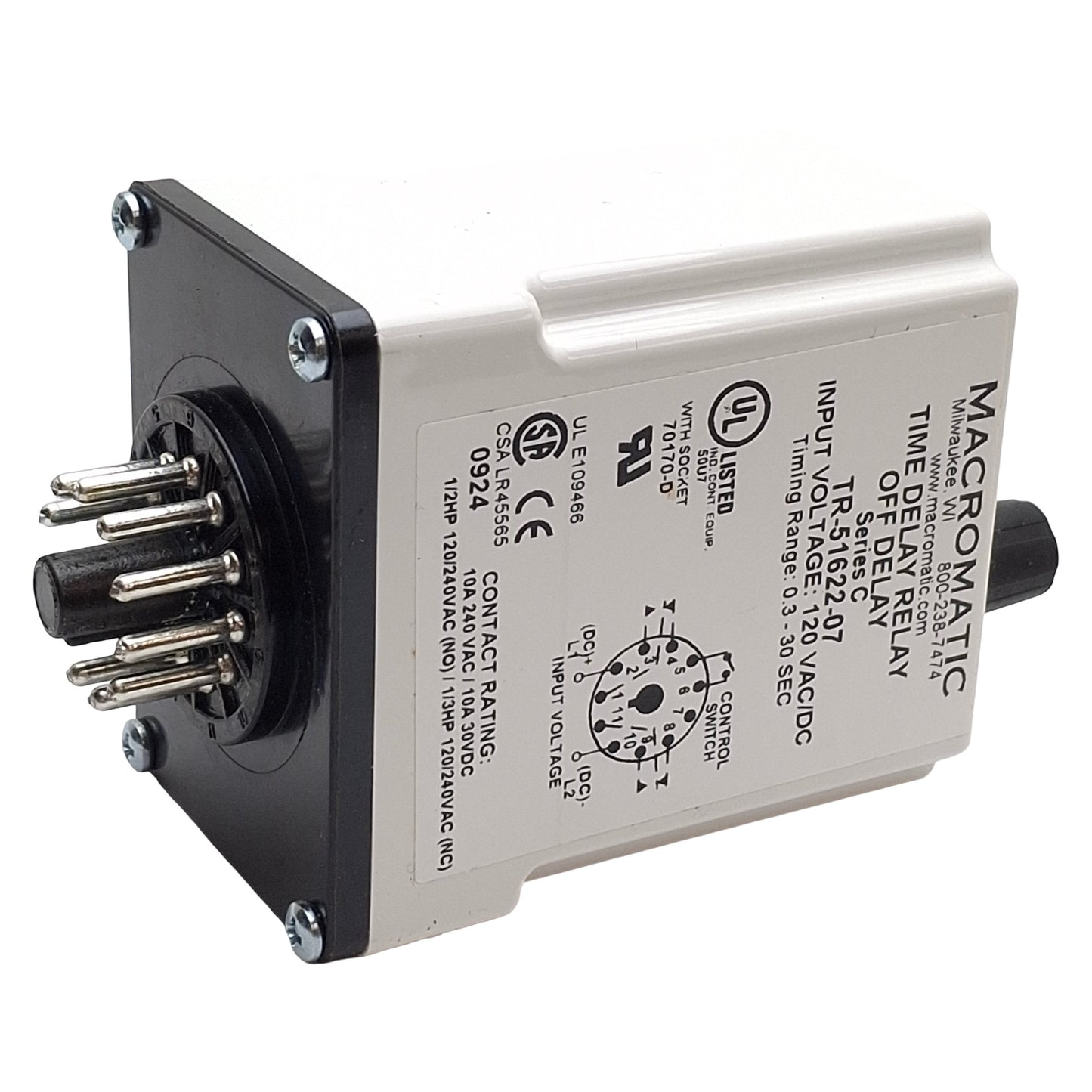 New Macromatic TR-51622-07 Time Delay Relay, Off Delay, DPDT, 11-Pin, 0.3-30s Range