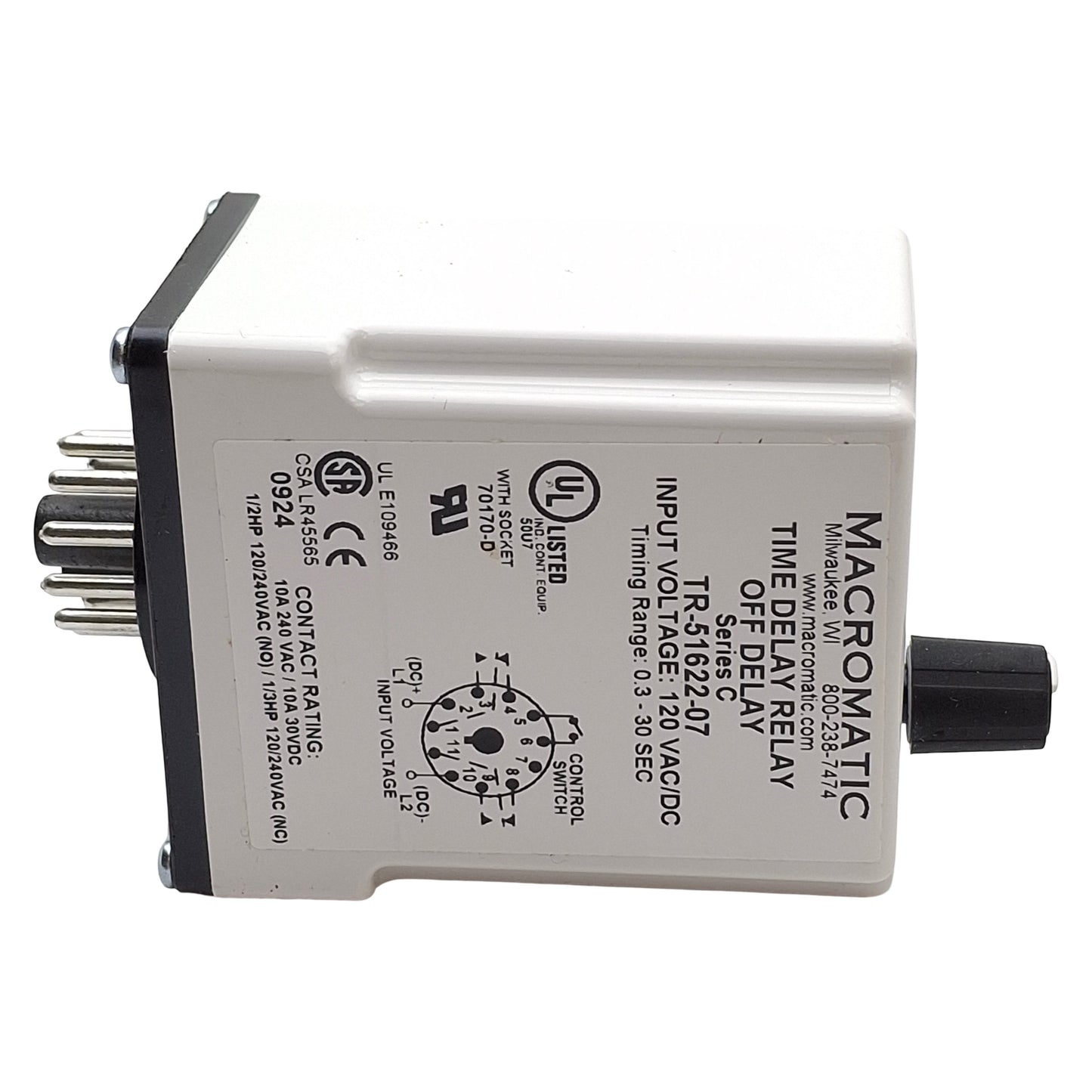 New Macromatic TR-51622-07 Time Delay Relay, Off Delay, DPDT, 11-Pin, 0.3-30s Range