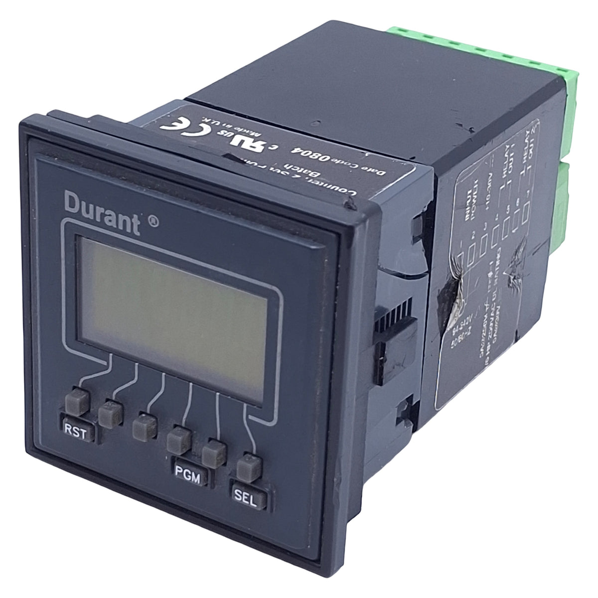 Used Durant E4148792 Electronic Counter, PNP/NPN, 94-240VAC/12-24VDC *Cracked Frame*
