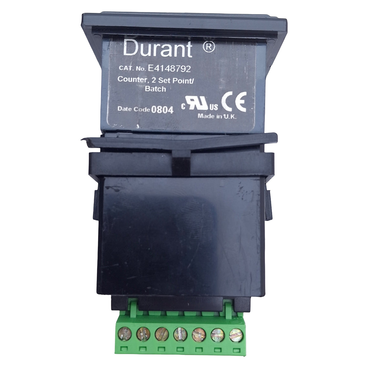 Used Durant E4148792 Electronic Counter, PNP/NPN, 94-240VAC/12-24VDC *Cracked Frame*