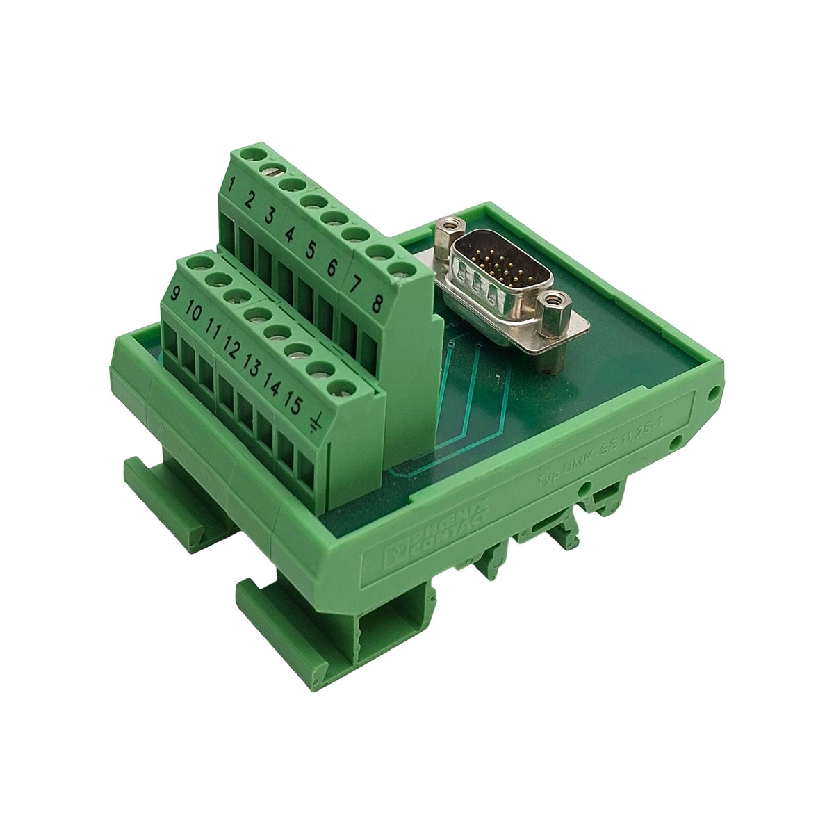Used Phoenix Contact FLKM HDSUB-15/M 5528383 Breakout Board, DB15M, DIN Rail Mount