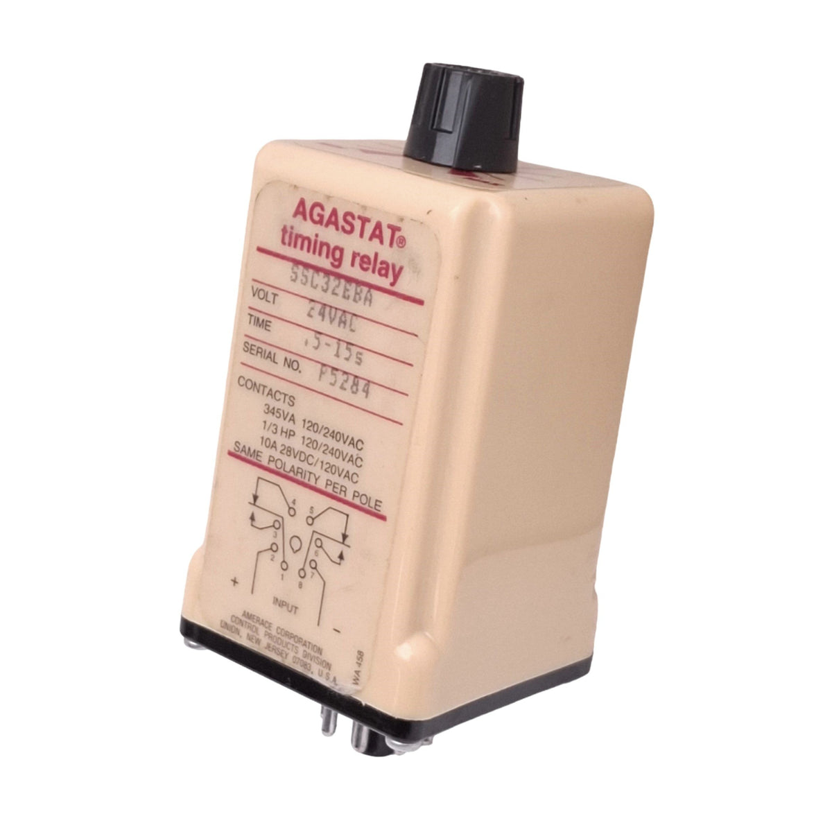 Used AGASTAT SSC32EBA Timing Relay, 0.5-15s Range, 8-Pin DPDT, 10A Max, 24VAC Input