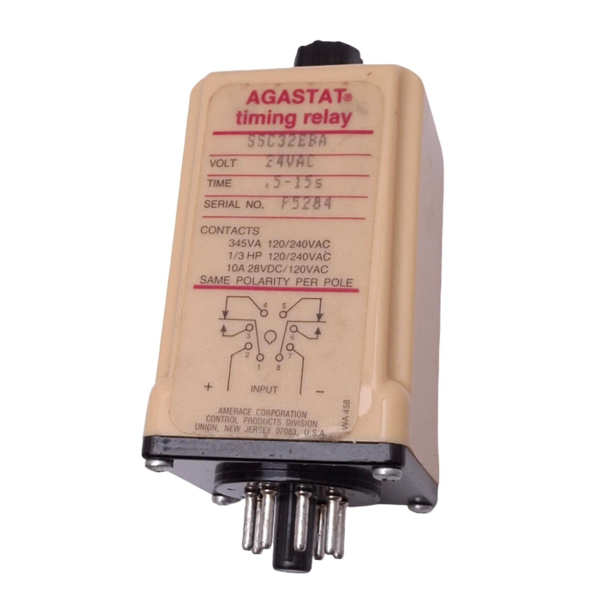 Used AGASTAT SSC32EBA Timing Relay, 0.5-15s Range, 8-Pin DPDT, 10A Max, 24VAC Input