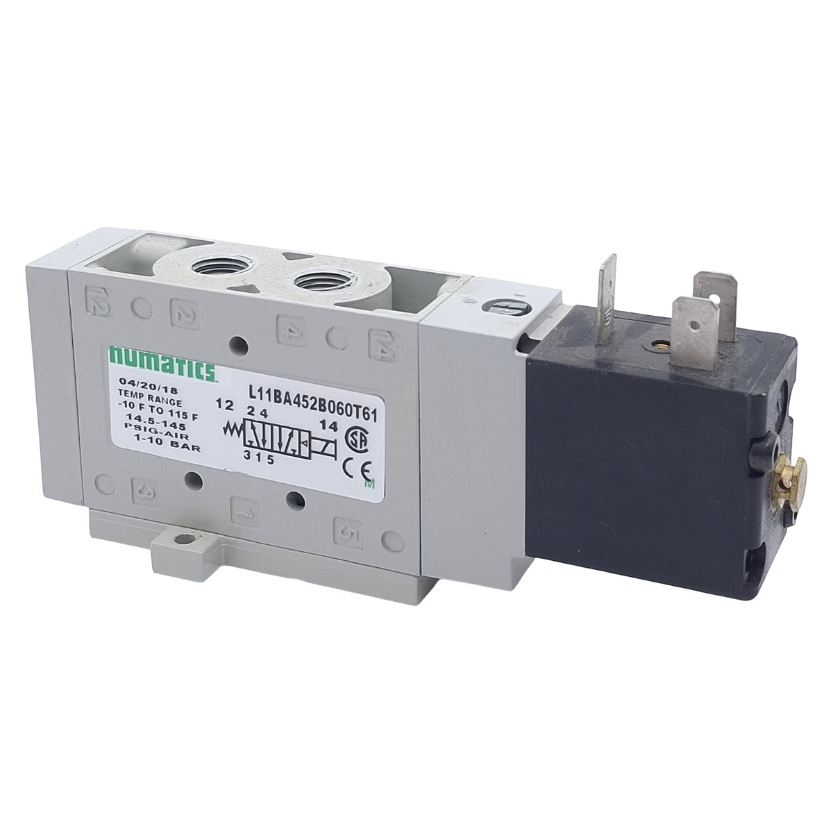 Used Numatics L11BA452B060T61 Solenoid Valve, 4/2-Way, 1/8in NPT, 145psi, 24VDC Coil