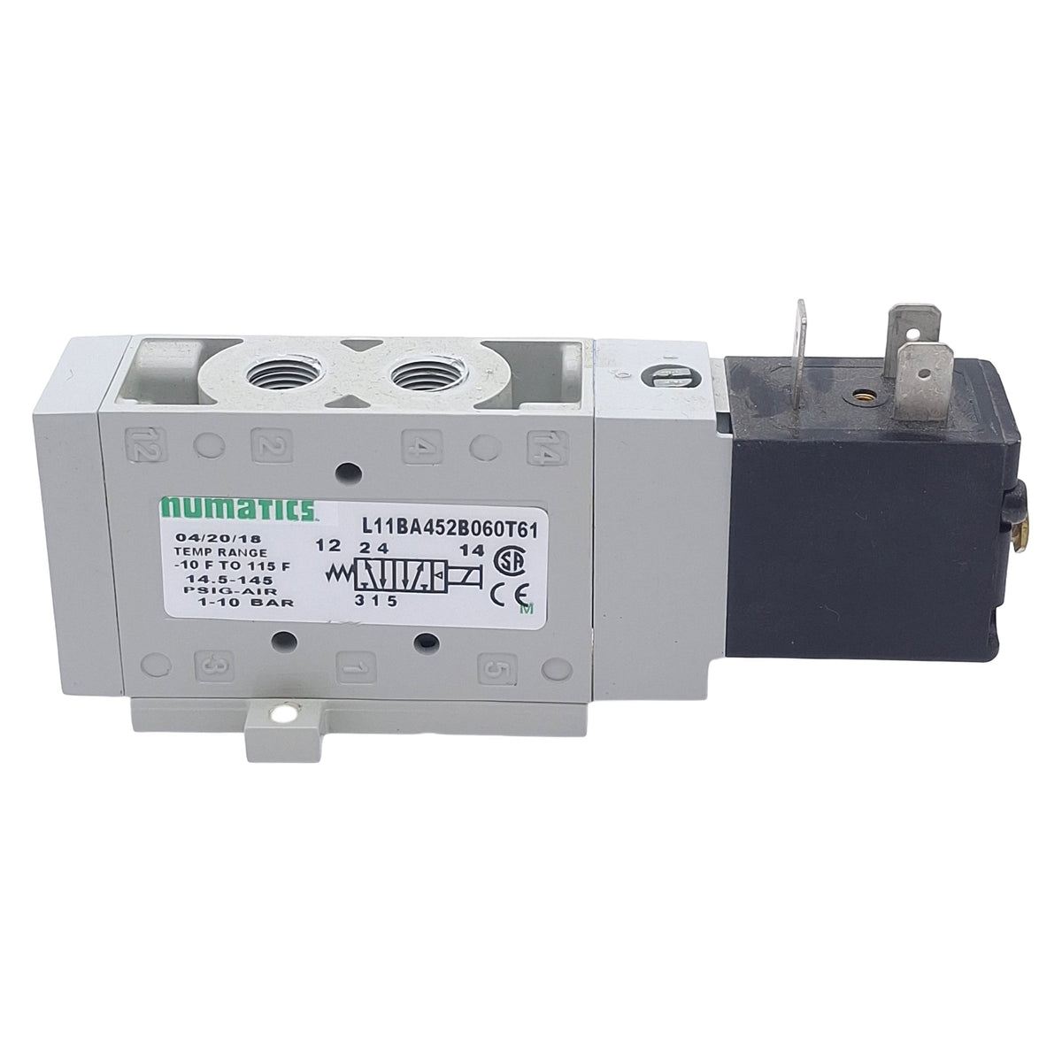 Used Numatics L11BA452B060T61 Solenoid Valve, 4/2-Way, 1/8in NPT, 145psi, 24VDC Coil