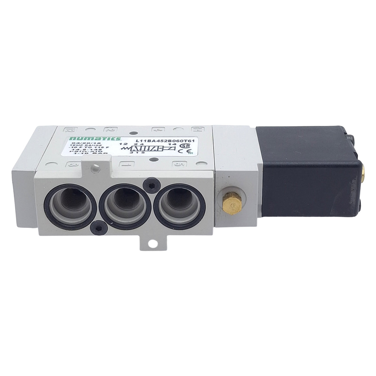 Used Numatics L11BA452B060T61 Solenoid Valve, 4/2-Way, 1/8in NPT, 145psi, 24VDC Coil