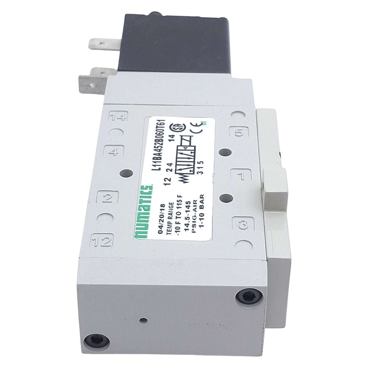 Used Numatics L11BA452B060T61 Solenoid Valve, 4/2-Way, 1/8in NPT, 145psi, 24VDC Coil