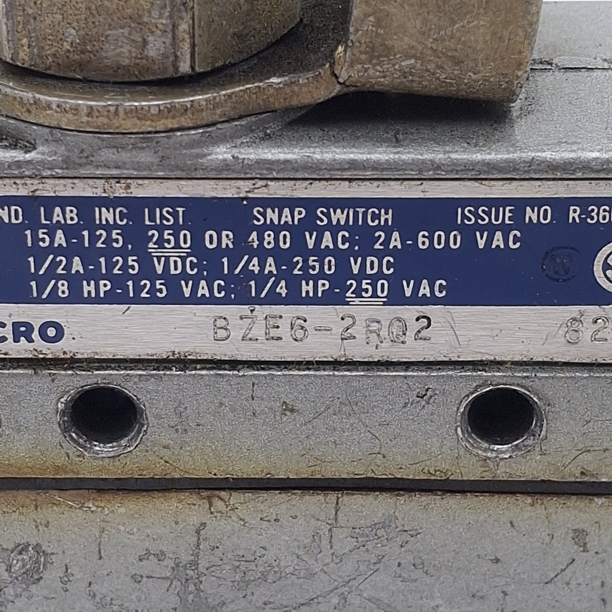 Used Honeywell Micro Switch BZE6-2RQ2 Snap-Action Limit Switch, SPDT, 15A, 1/2in NPT