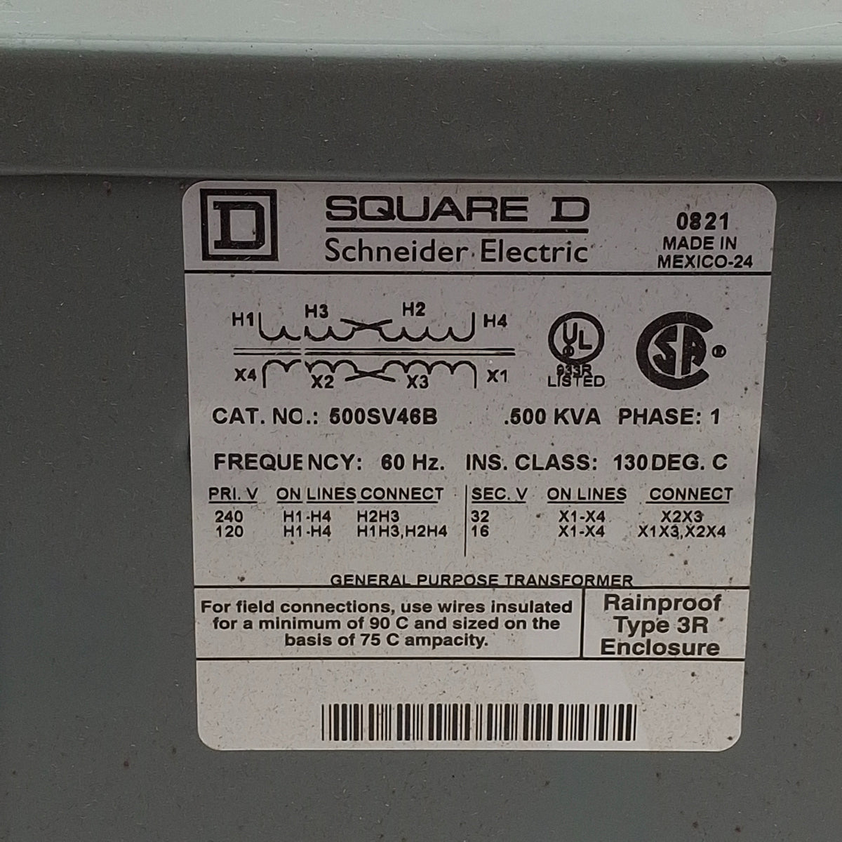 Used Square D 500SV46B Transformer, 1-Ph, 120x240VAC Primary, 16/32VAC Second, 0.5KVA