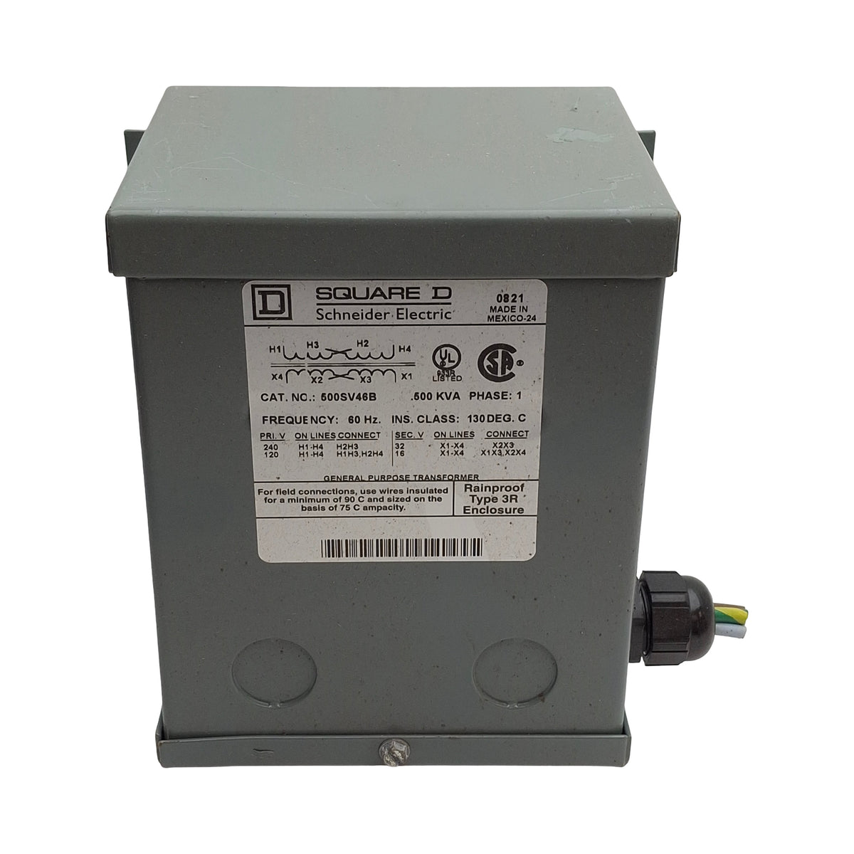 Used Square D 500SV46B Transformer, 1-Ph, 120x240VAC Primary, 16/32VAC Second, 0.5KVA