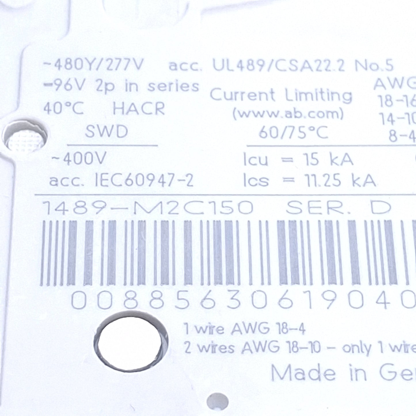 Used Allen Bradley 1489-M2C150 Circuit Breaker, 2-Pole, 15A, 480Y/277VAC, DIN Rail