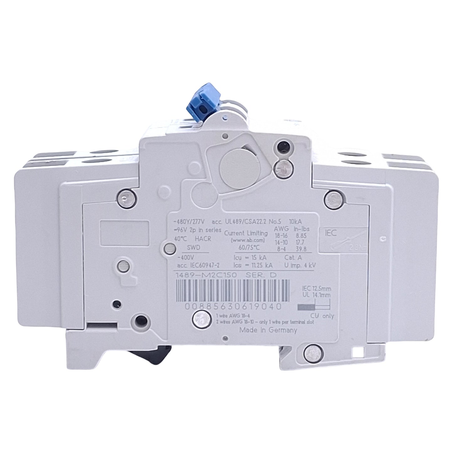 Used Allen Bradley 1489-M2C150 Circuit Breaker, 2-Pole, 15A, 480Y/277VAC, DIN Rail