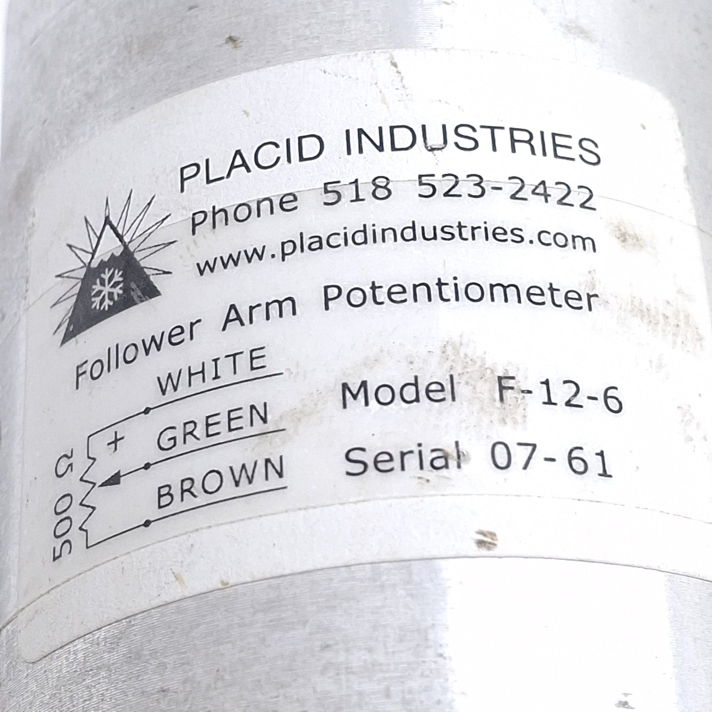 Used Placid Industries F-12-6 Follower Arm Potentiometer, 1-Turn, 500Ω, 65° Angle