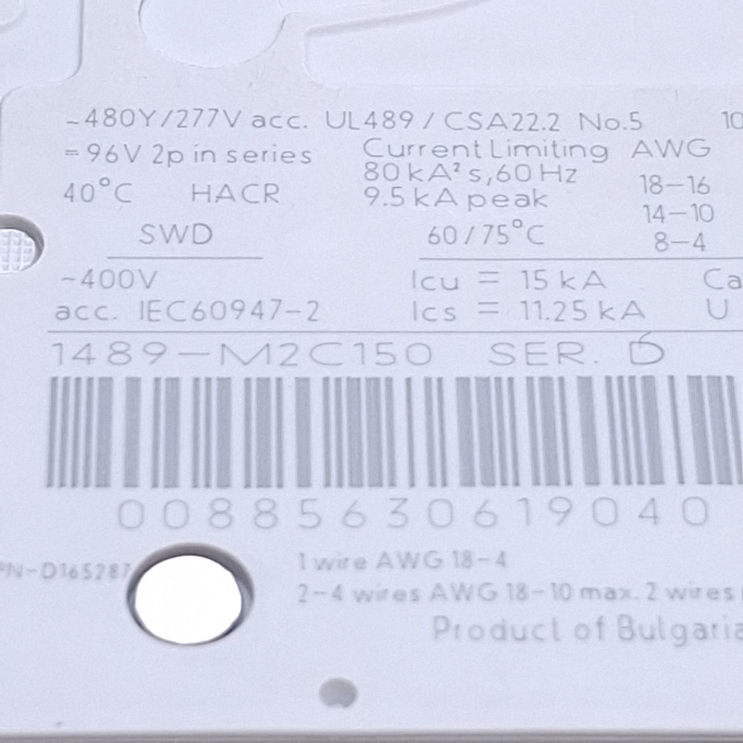 New – Open box Allen Bradley 1489-M2C150 Circuit Breaker, 2-Pole, 480Y/277VAC, 10A, DIN Rail