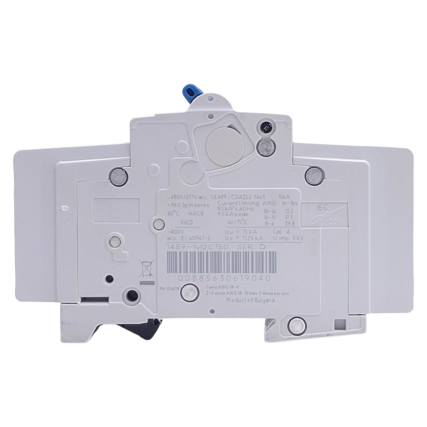 New – Open box Allen Bradley 1489-M2C150 Circuit Breaker, 2-Pole, 480Y/277VAC, 10A, DIN Rail