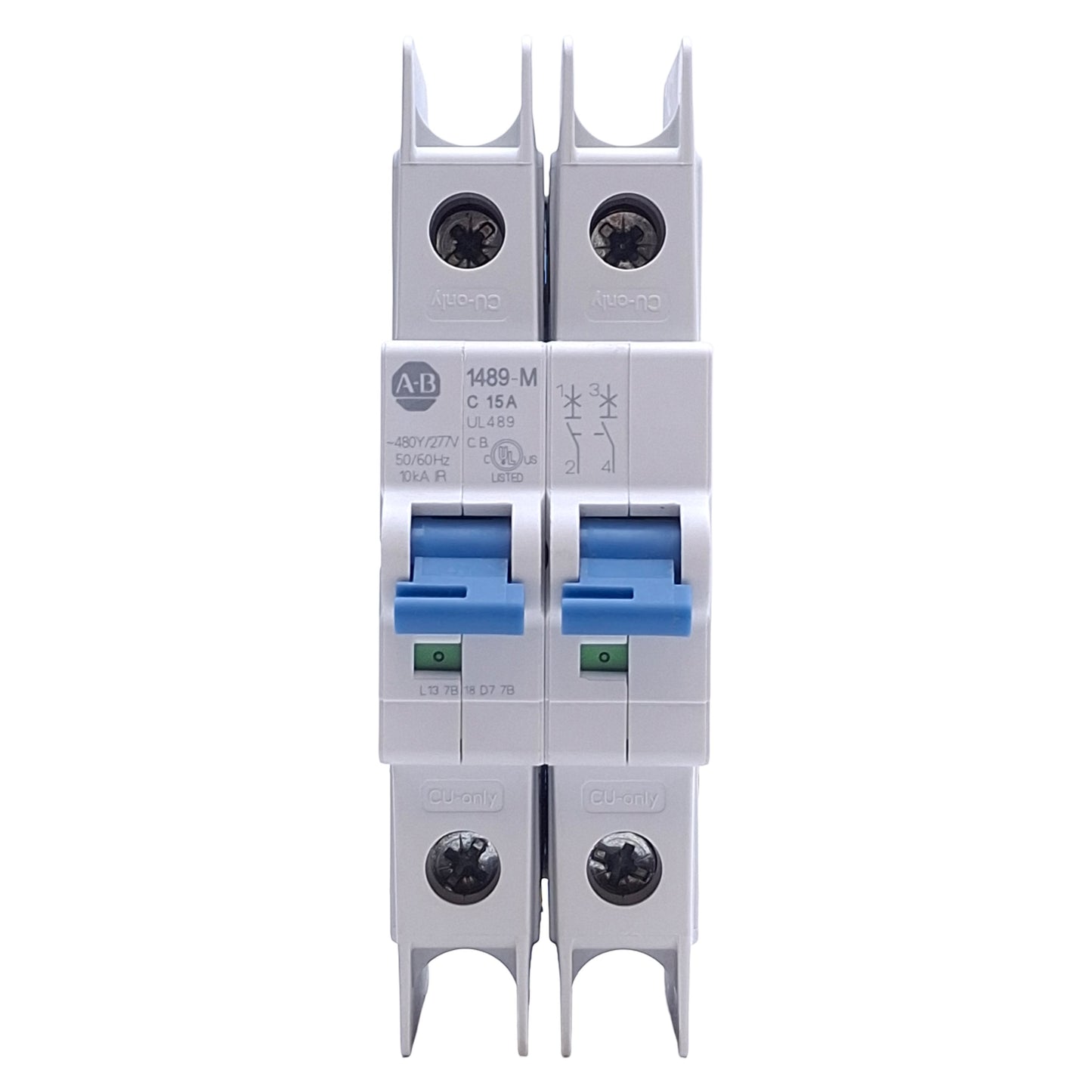 New – Open box Allen Bradley 1489-M2C150 Circuit Breaker, 2-Pole, 480Y/277VAC, 10A, DIN Rail