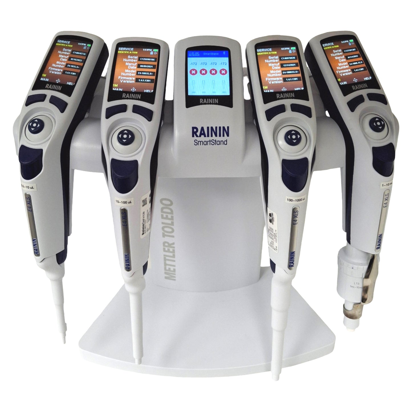 Used Rainin SmartStand w/ 4x E4 XLS Pipettes, 0.5-10µL/10-100µL/100-1000µL/1-10mL