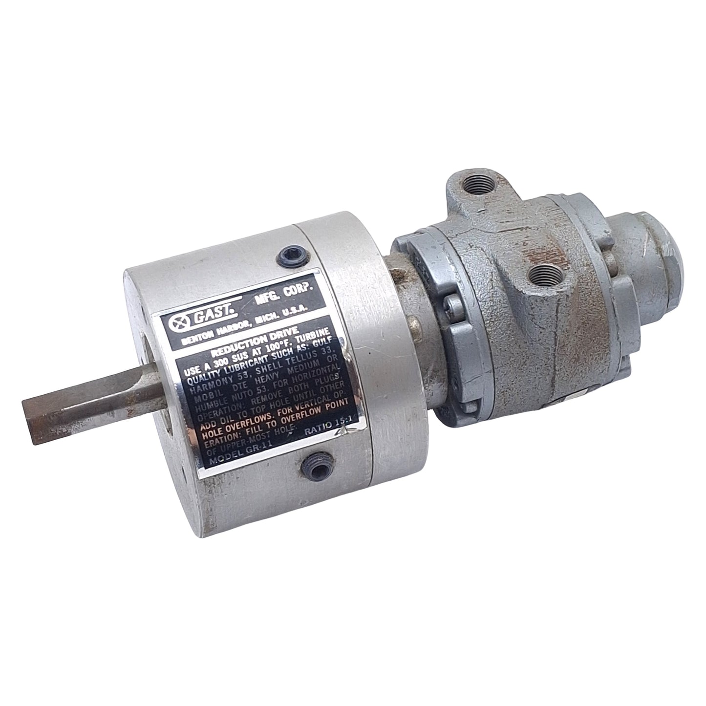 Used Gast 1UP-NRV-4-GR11 Pneumatic Gear Motor, 0.31HP, 15:1 Ratio, 400RPM, 80psi Max