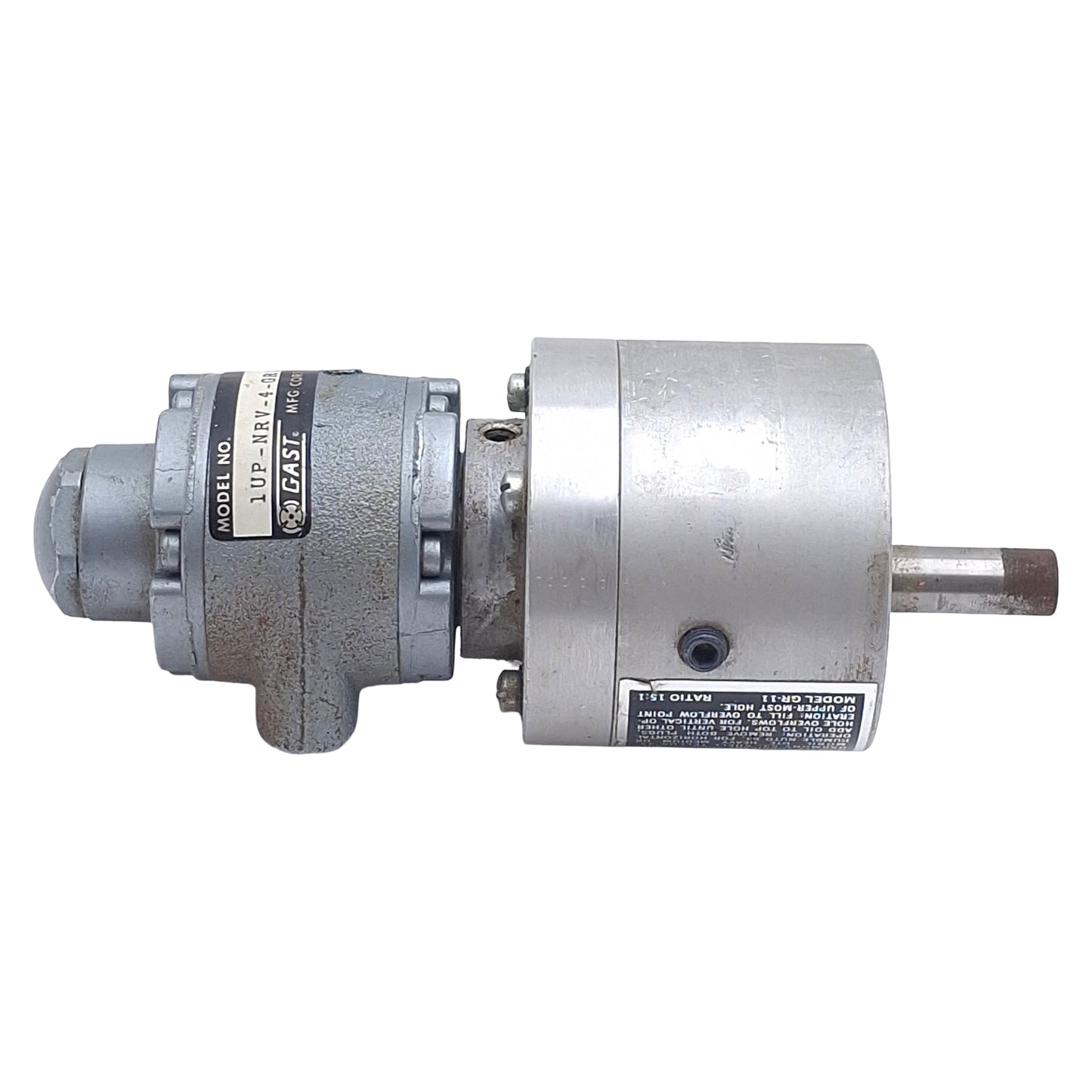 Used Gast 1UP-NRV-4-GR11 Pneumatic Gear Motor, 0.31HP, 15:1 Ratio, 400RPM, 80psi Max